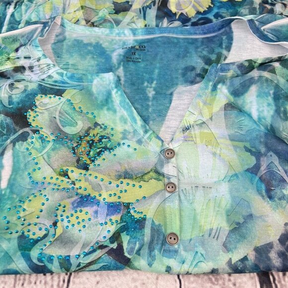 Style & Co Woman 1X Blue Green Floral Beaded V-Neck Short Sleeve Top - Picture 5 of 8
